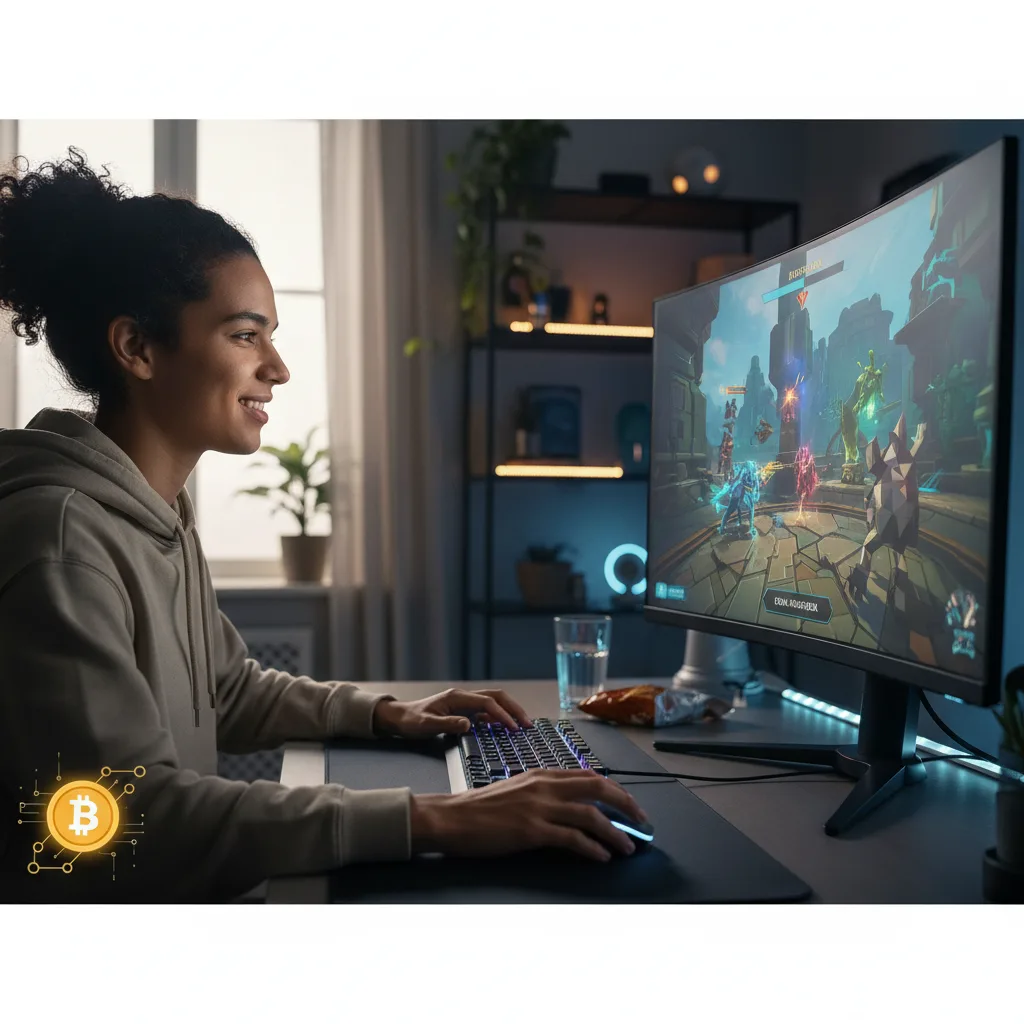 Young person playing a blockchain game, earning digital assets.