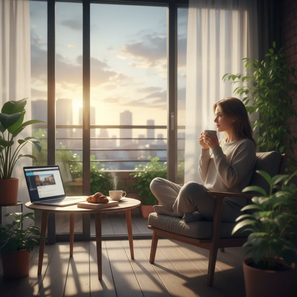 Person enjoying morning coffee instead of commuting.