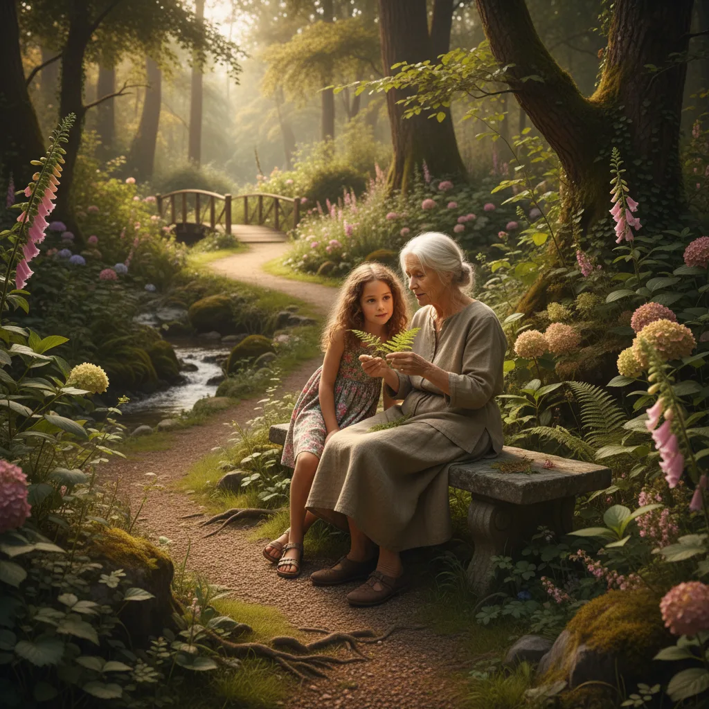 Nonna che condivide la conoscenza tradizionale con una giovane ragazza nella natura.