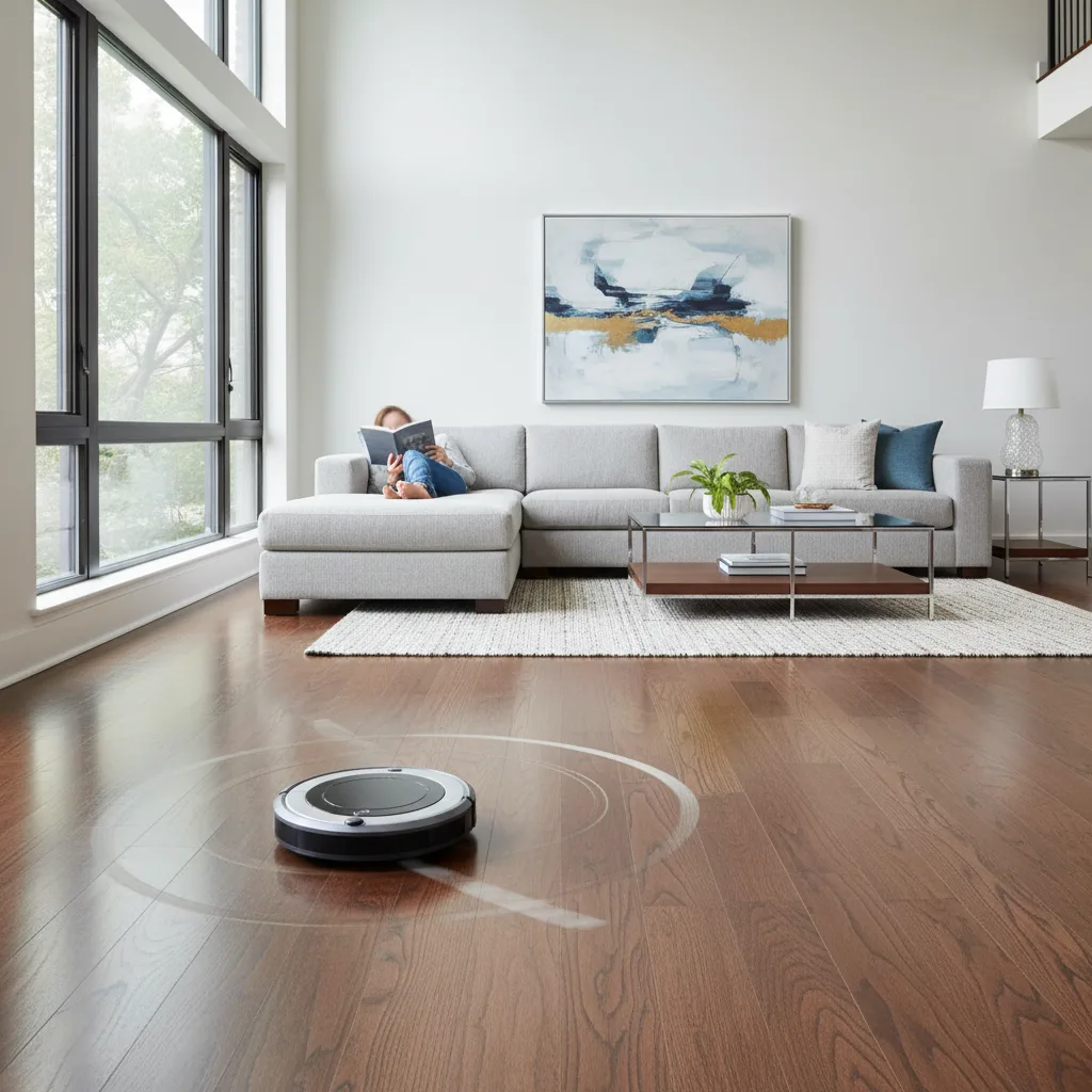 Robot vacuum cleaning a modern living room floor.