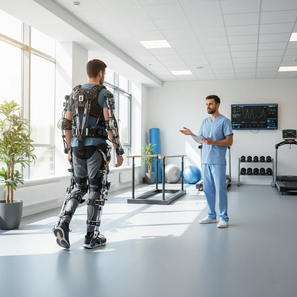 Patient using a robotic exoskeleton for rehabilitation therapy.
