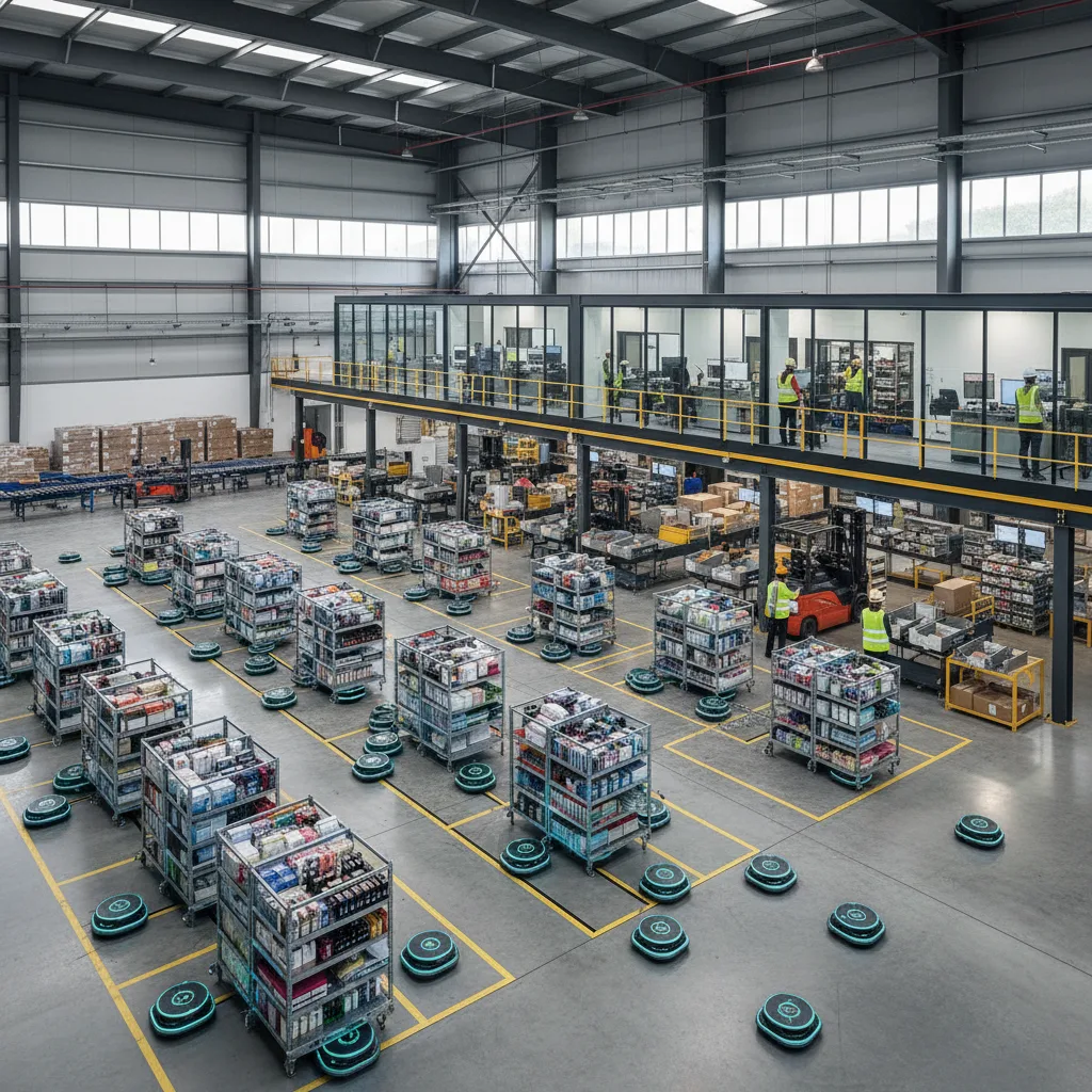 Autonomous robots moving shelves in a large e-commerce warehouse.