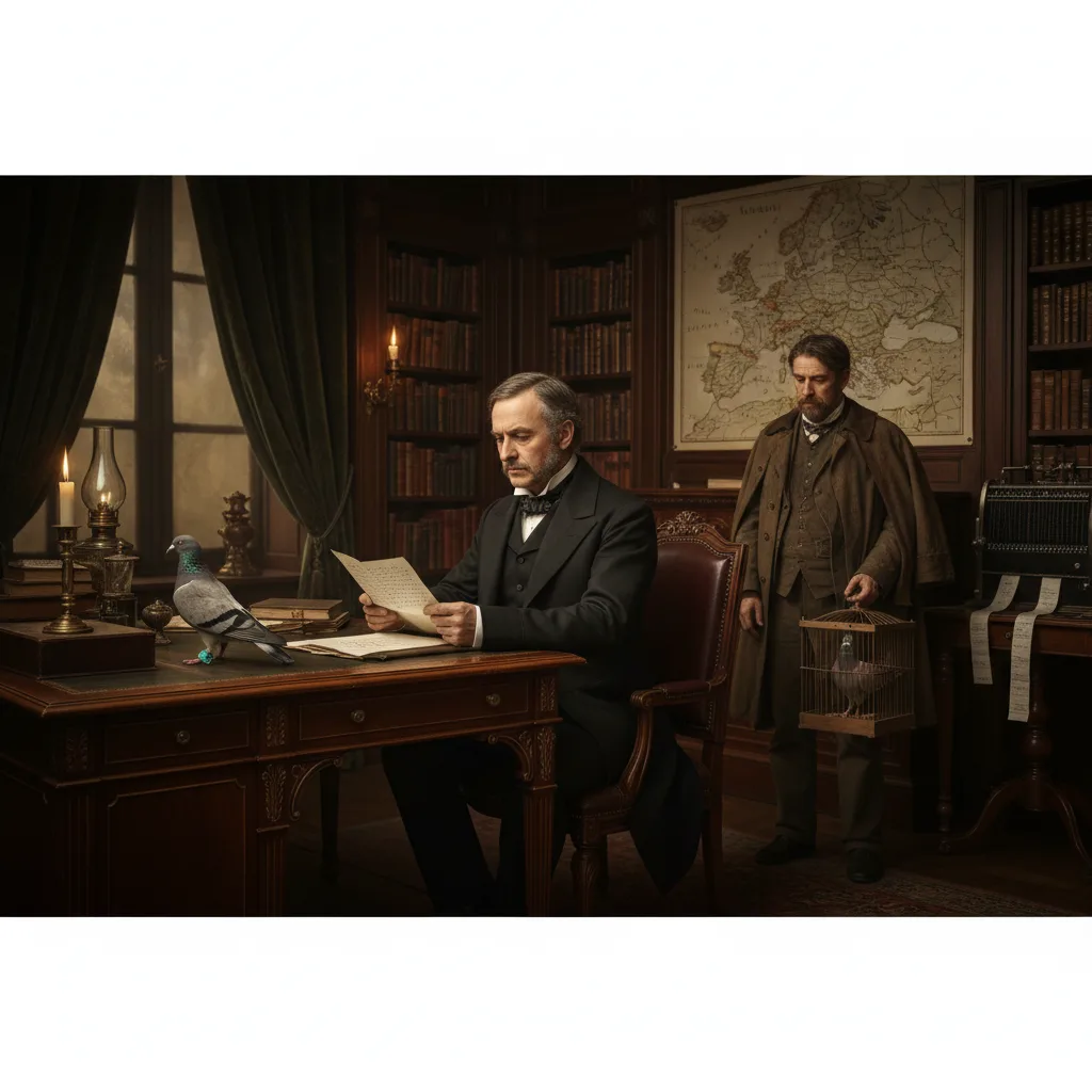 Nathan Rothschild receiving early Waterloo news, gaining financial advantage.