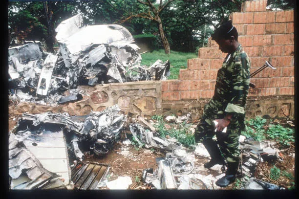 The wreckage of the Dassault Falcon 50 jet carrying Rwandan President Juvénal Habyarimana and Burund