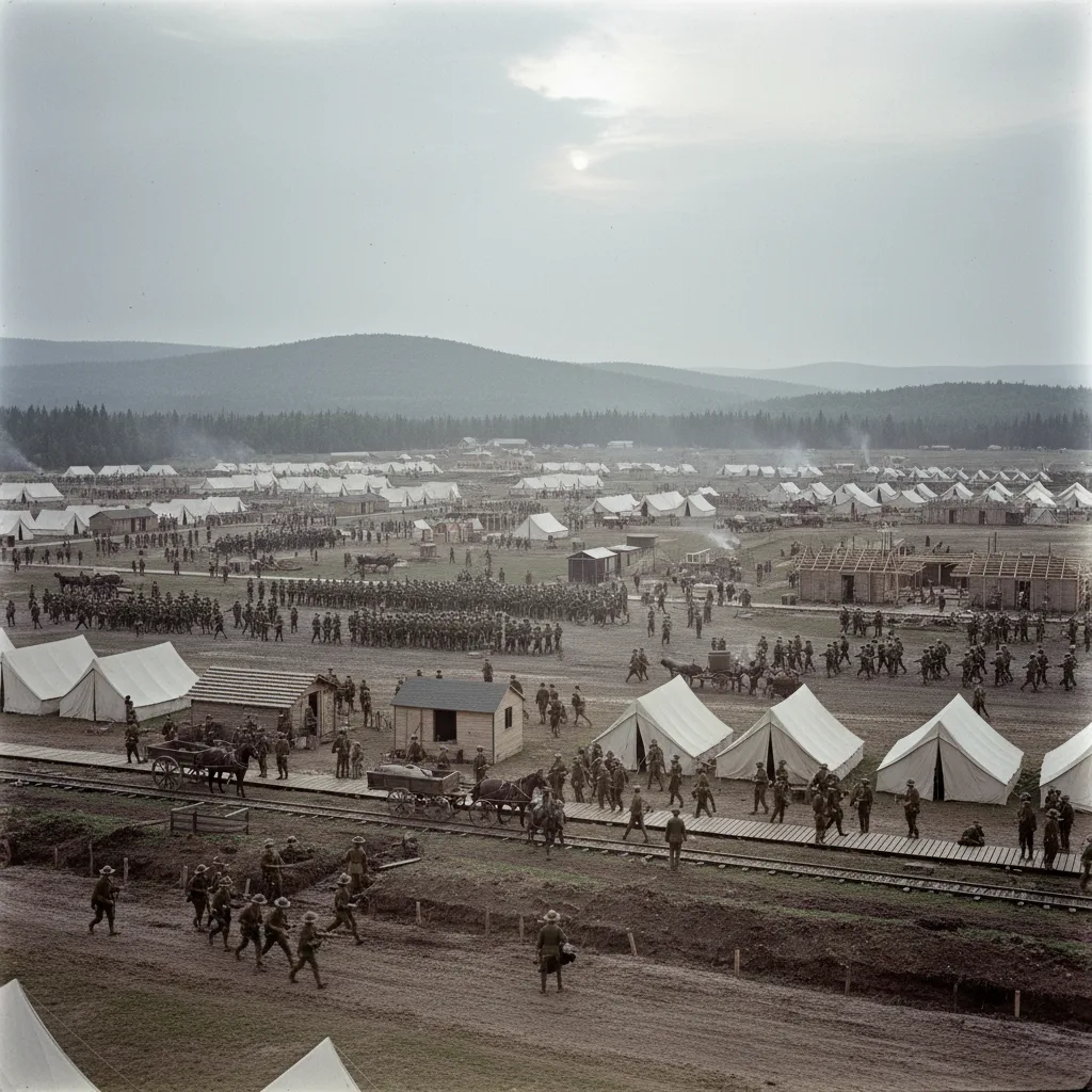 Valcartier camp, 1914, thousands of Canadian soldiers training.