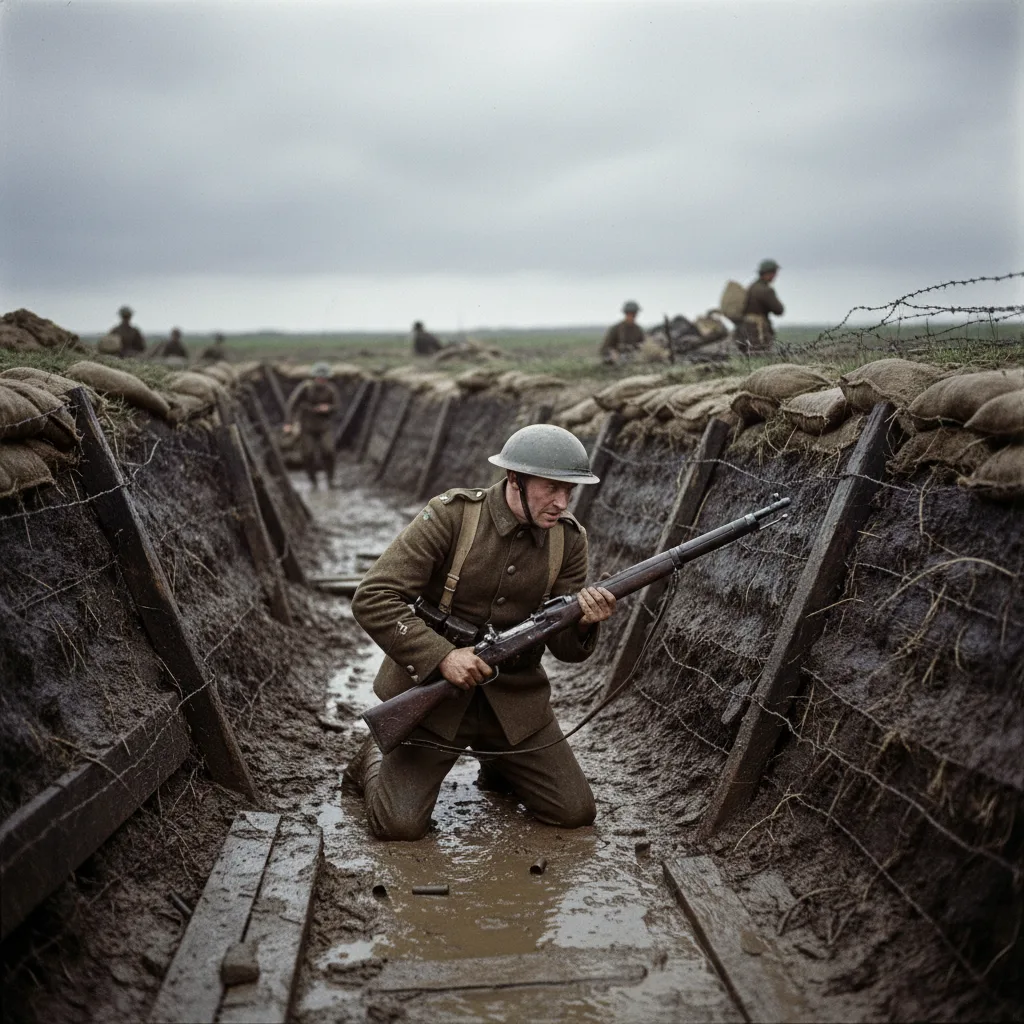 Canadian soldier struggling with jamming Ross Rifle in WWI trench.