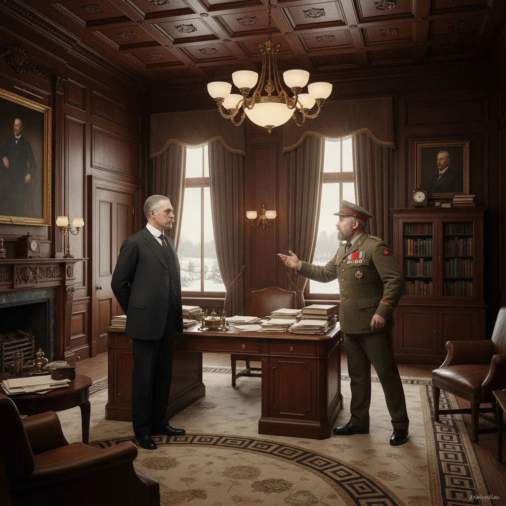 Prime Minister Borden dismissing Sam Hughes in a WWI-era office.