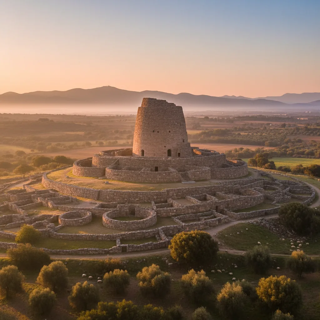 Antiguas torres de piedra nurágicas se alzan majestuosamente bajo un claro cielo sardo.