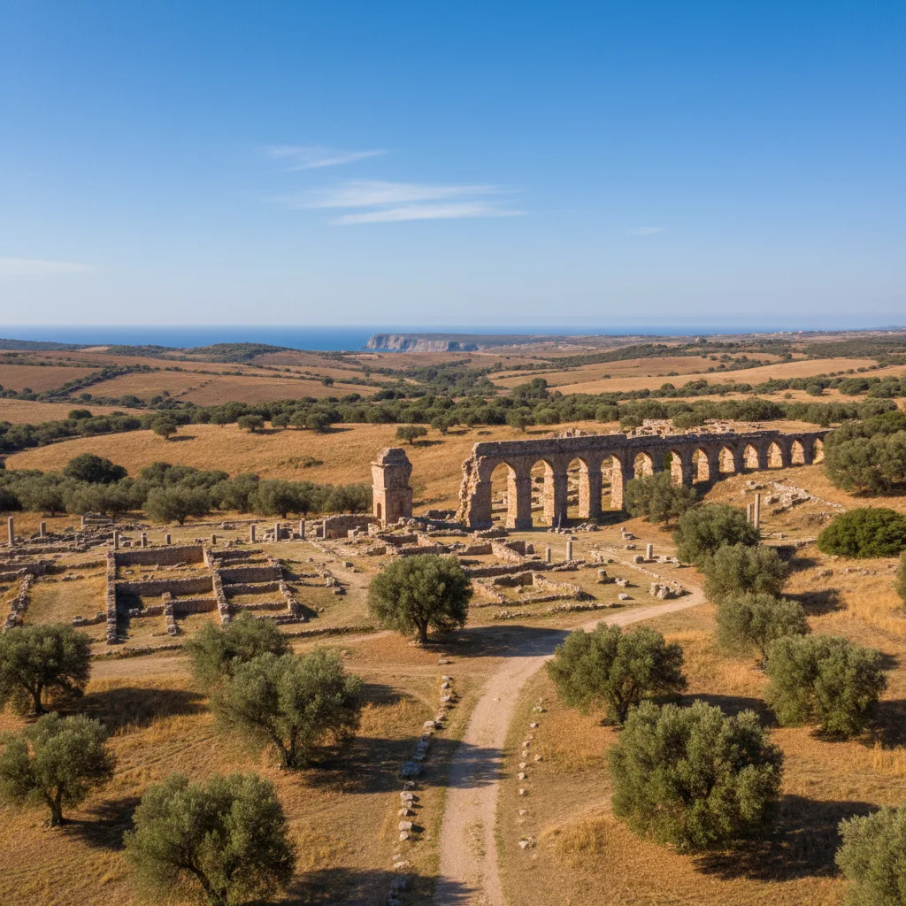 Antiguo acueducto y ruinas romanas en el paisaje de Cerdeña.