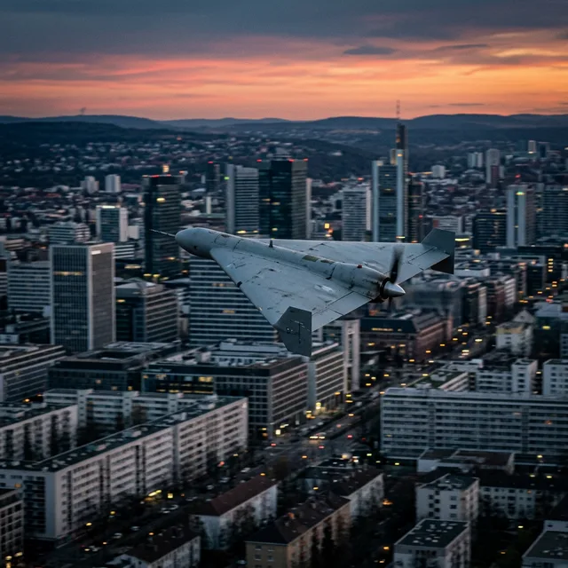 Shahed 136 delta-wing drone flying over a modern city.