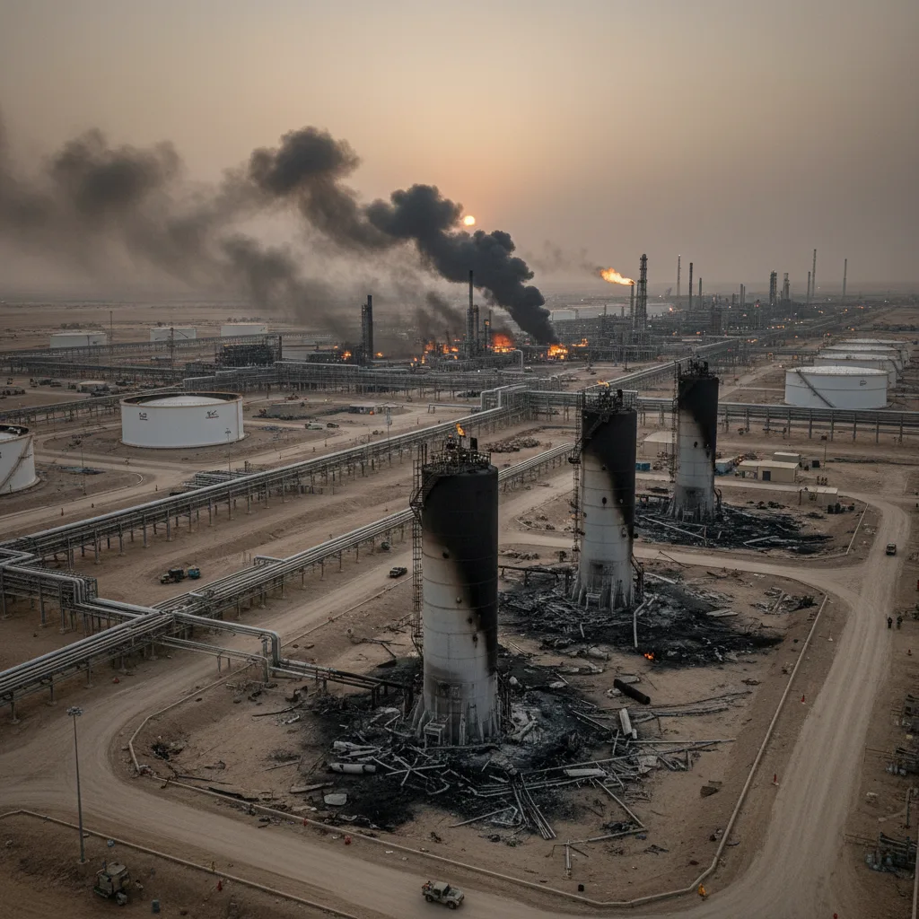 Damaged Abqaiq oil facility after 2019 drone attack.