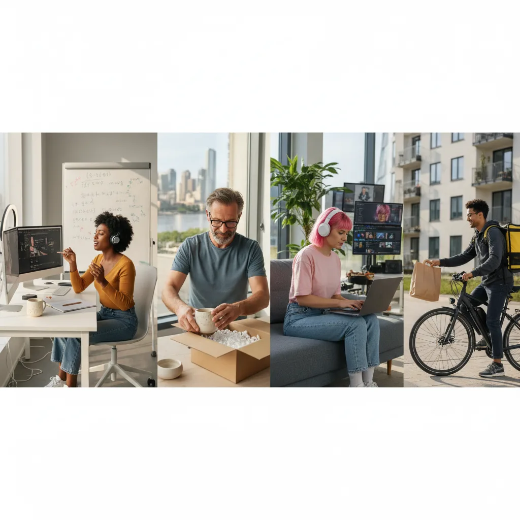 Diverse people earning extra income through various modern side hustles.