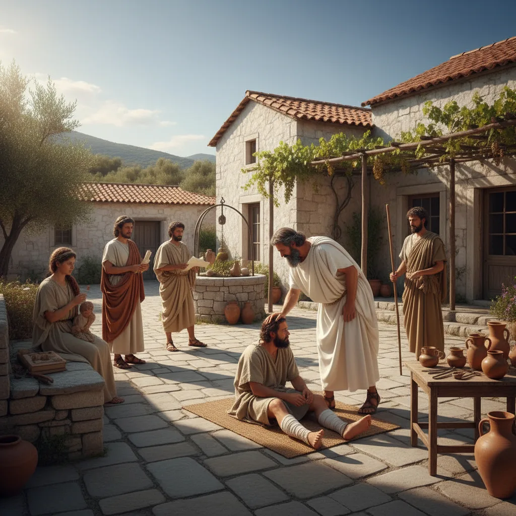 Ancient Greek physician observing patient, laying medical foundations.