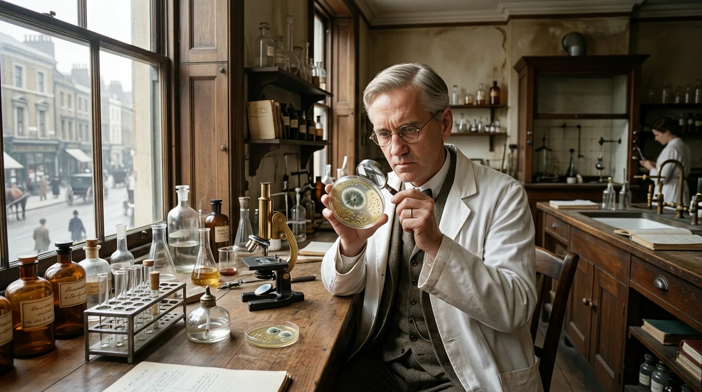 Alexander Fleming observing penicillin mold in a petri dish.