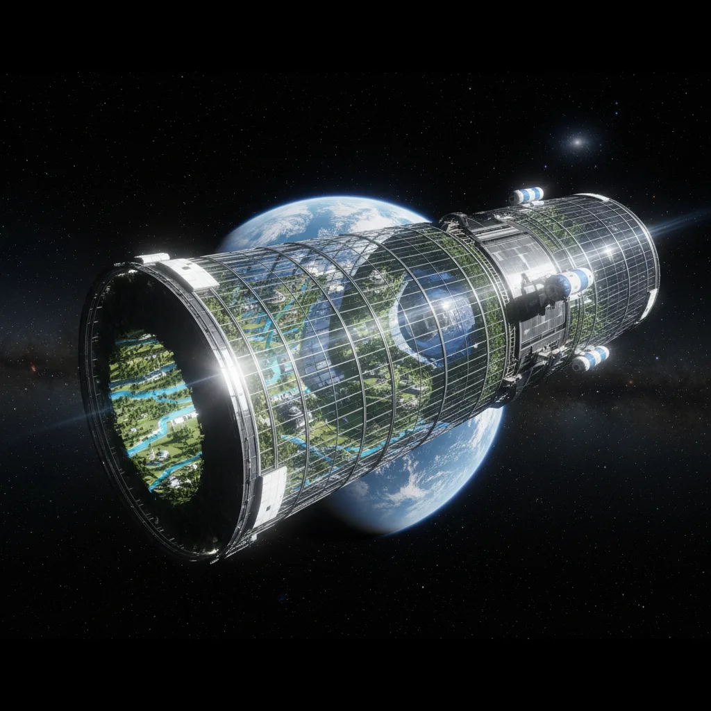 A vast O'Neill cylinder space habitat, housing millions, orbiting Earth.