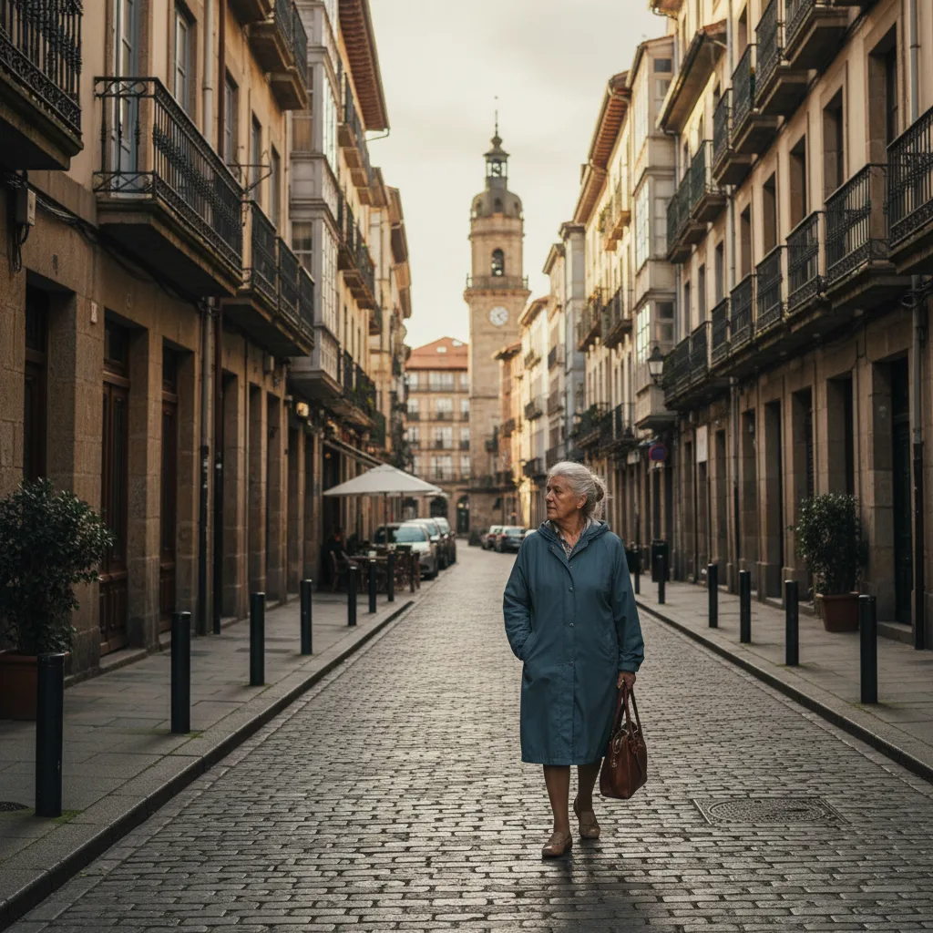 Elderly woman walking cautiously on a quiet Santander street.