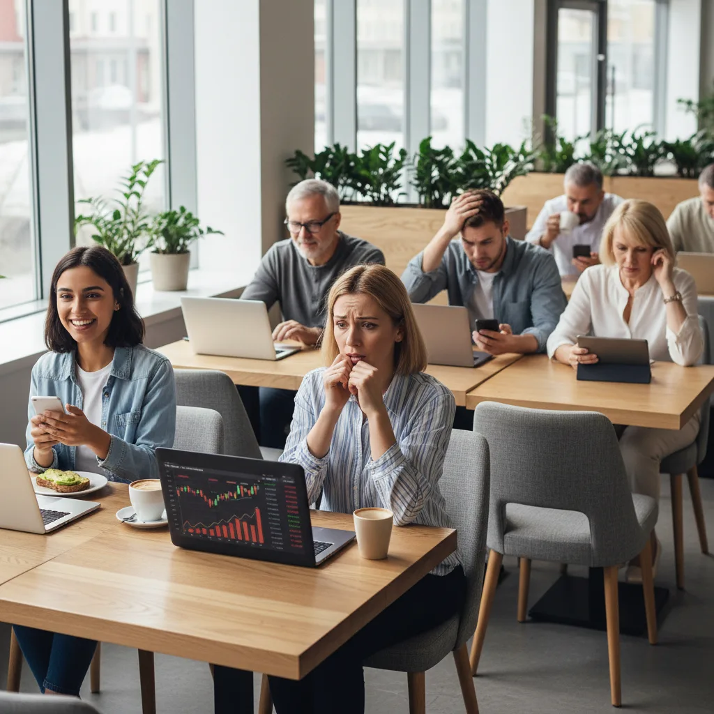 Diverse people reacting to financial news on phones and laptops.