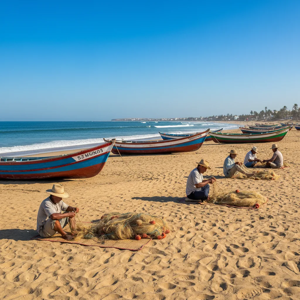 Pescadores peruanos en la playa de Máncora, Océano Pacífico, barcos tradicionales.
