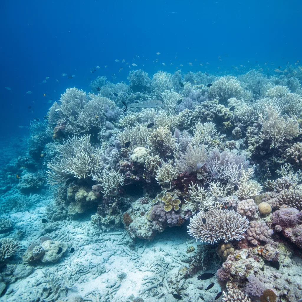 Arrecife de coral vibrante sufriendo blanqueamiento severo, impacto del calentamiento oceánico.