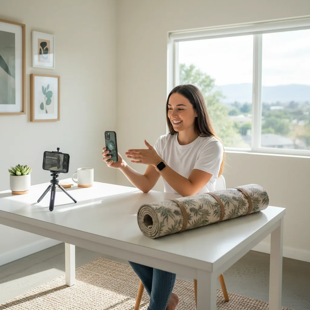 Person creating content about sustainable fitness tech products.