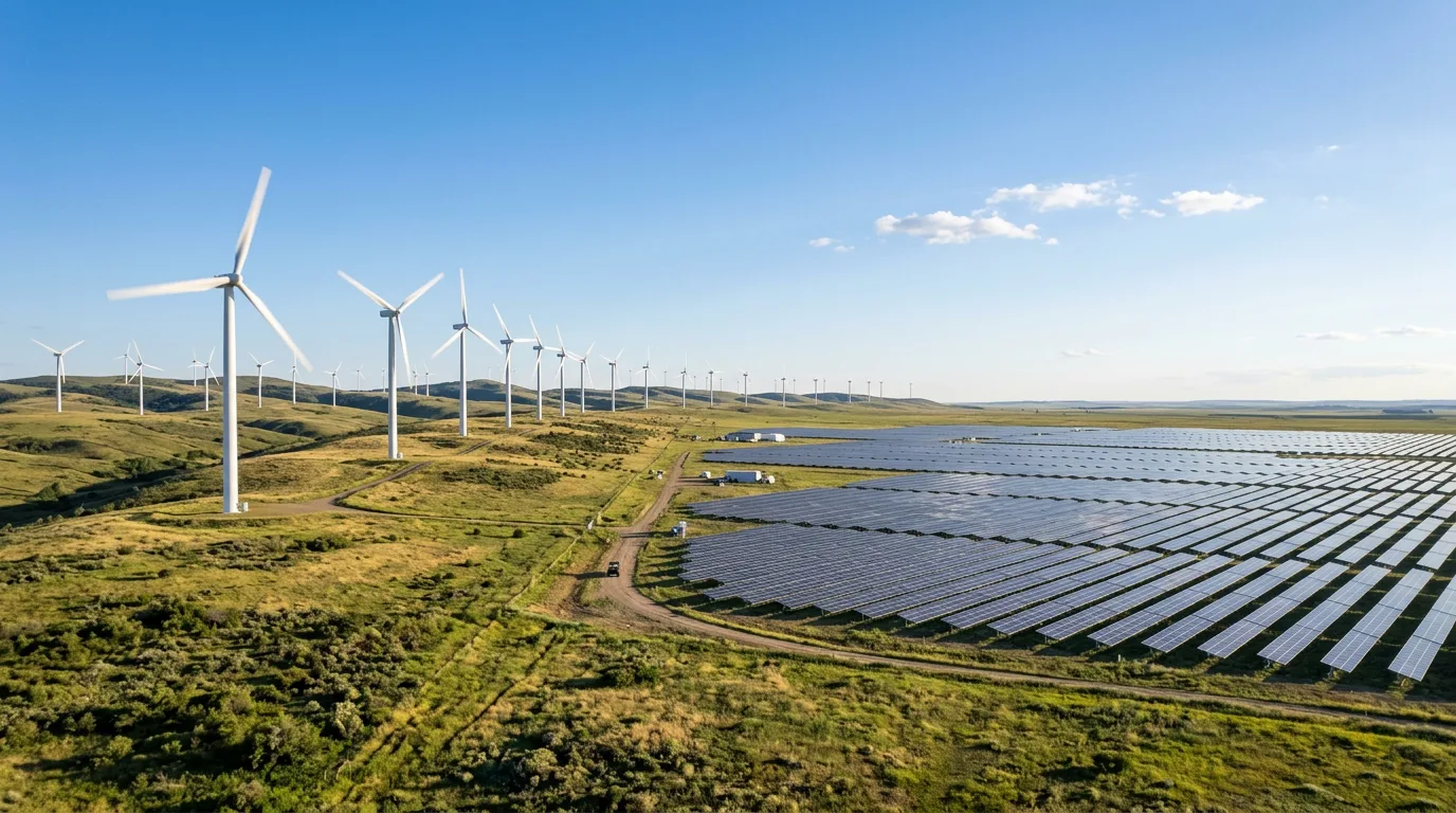 Wind turbines and solar panels symbolize sustainable energy investment.
