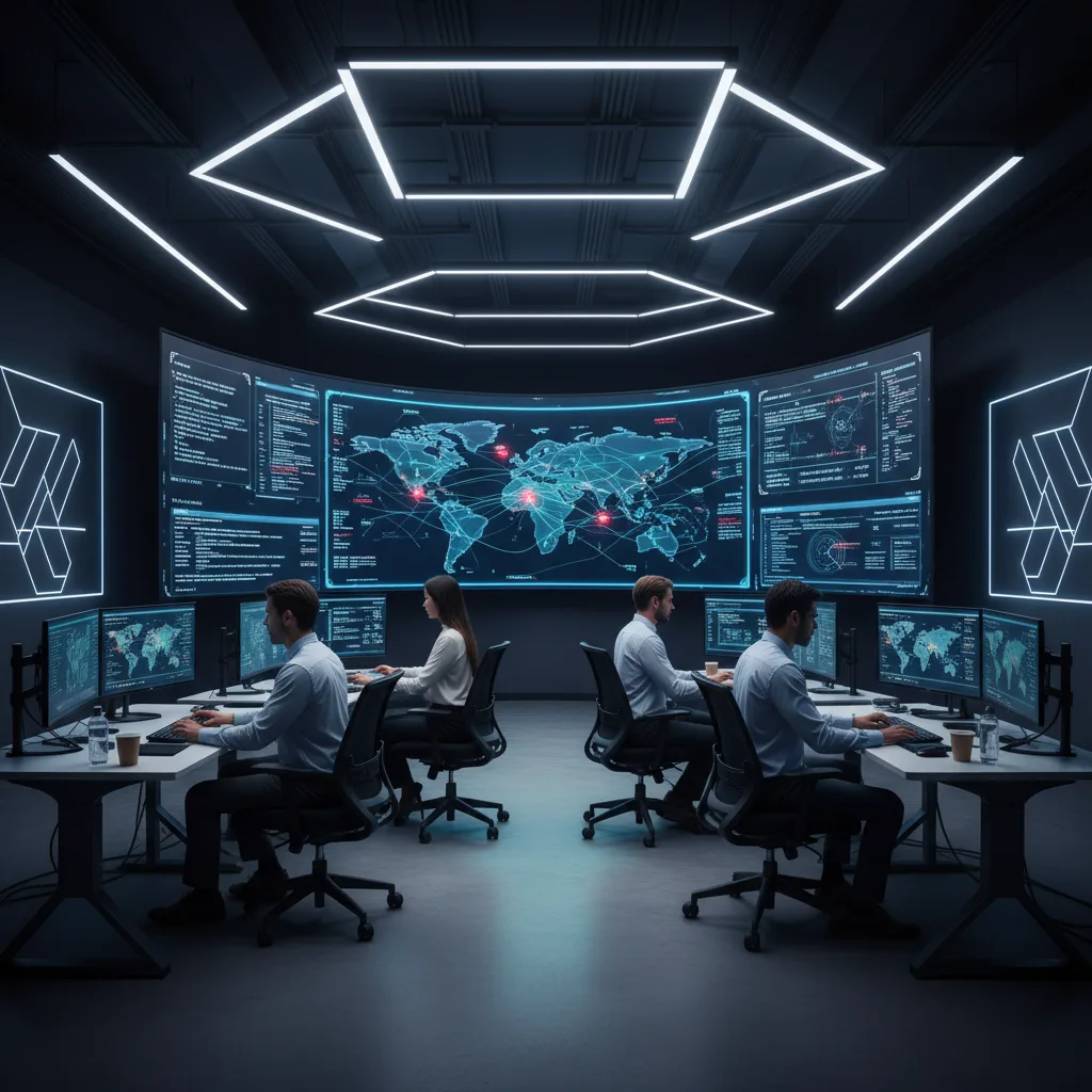 Cybersecurity professionals monitor multiple screens in a secure control room.
