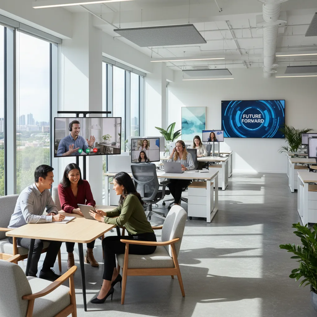 Diverse professionals collaborating in a modern, flexible hybrid work environment.