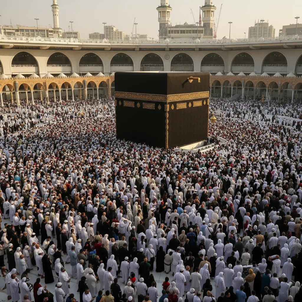 Pilgrims performing tawaf around the Kaaba, some reaching for the Black Stone.