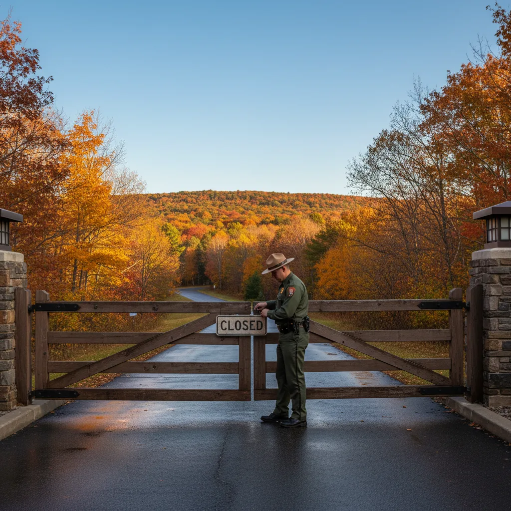 Park ranger closes national park gate during government shutdown.