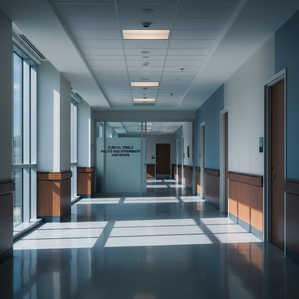 Empty hospital corridor, sign about halted clinical trials.