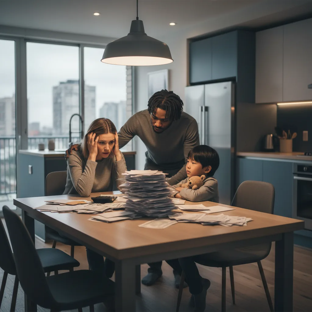 Family looks stressed over bills during government shutdown.