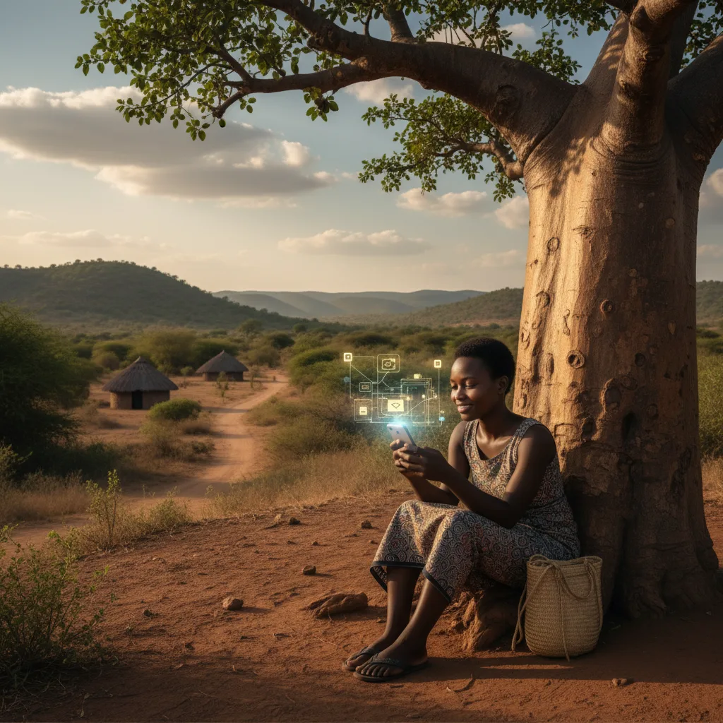 Person in a remote village accessing finance via smartphone.