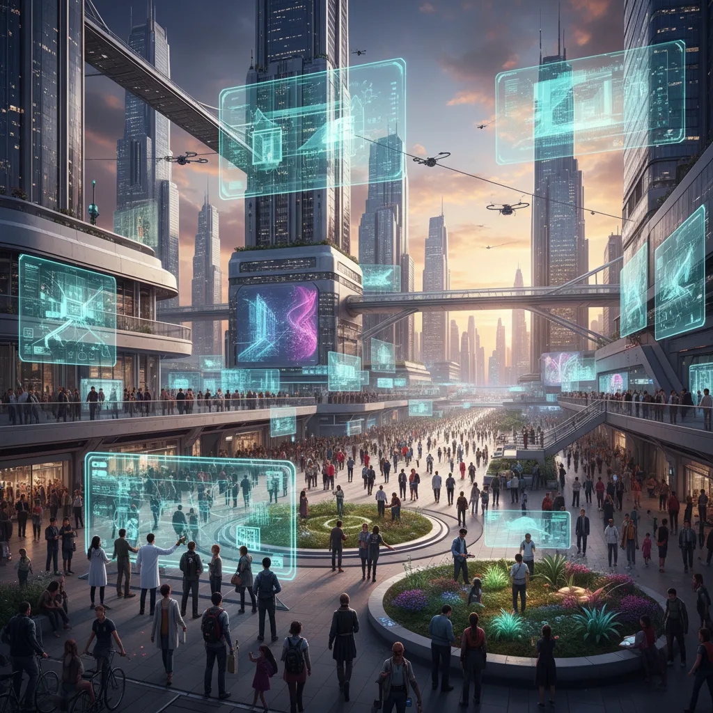 Panorama dinamico della leadership futura con elementi tecnologici e umani.