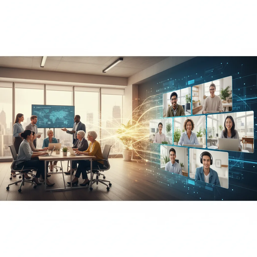 Team diversificato che collabora in un ambiente di lavoro ibrido umano-centrico.