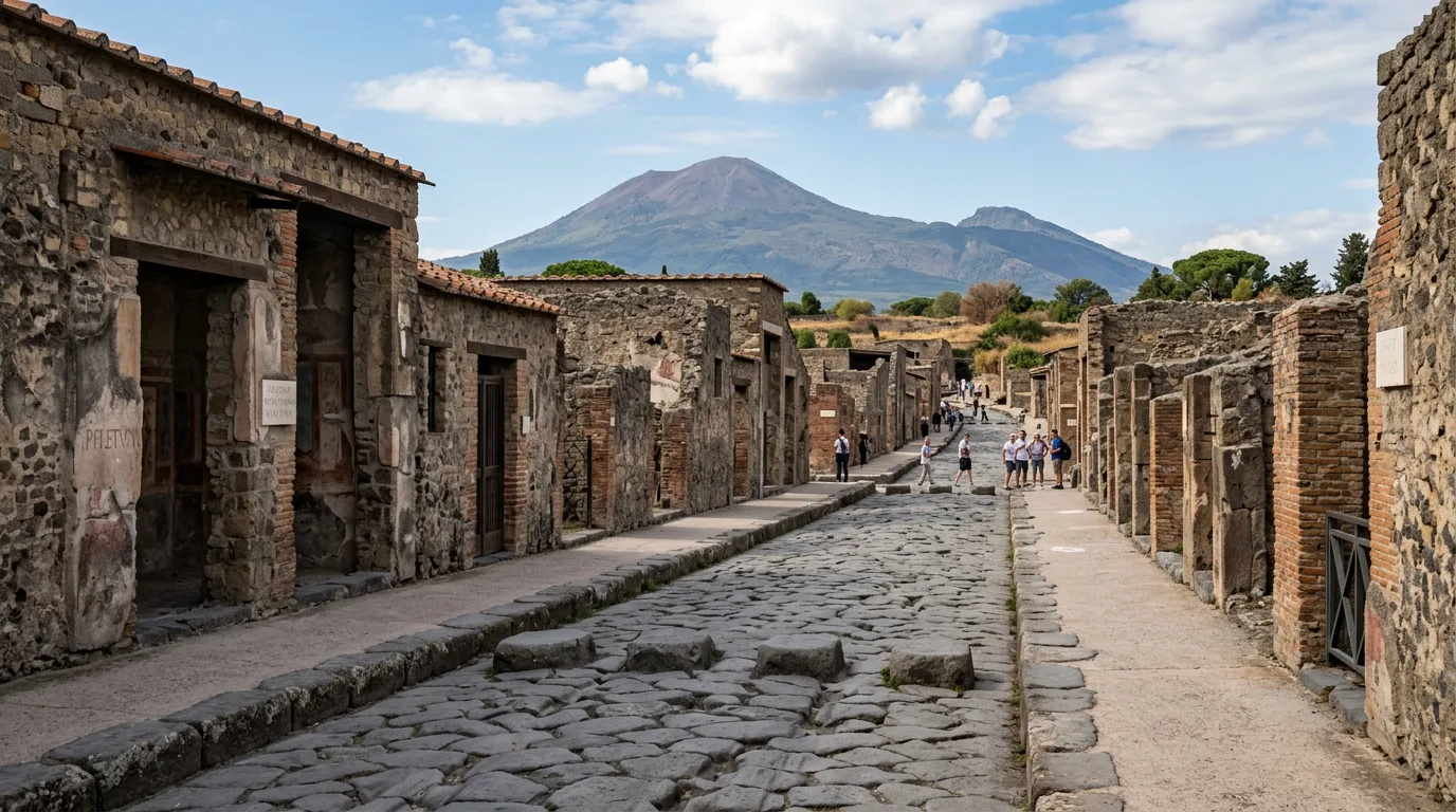Preserved Roman street in Pompeii, Mount Vesuvius in background.