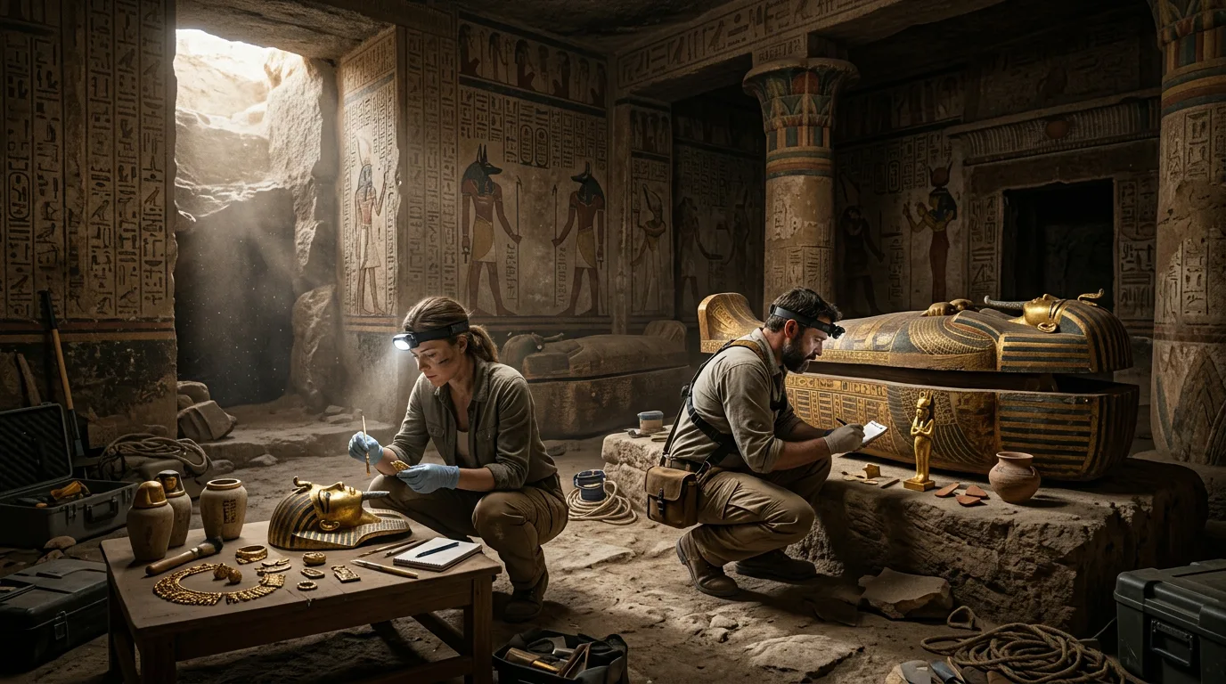 Archaeologists carefully examining golden artifacts inside an ancient Egyptian tomb.