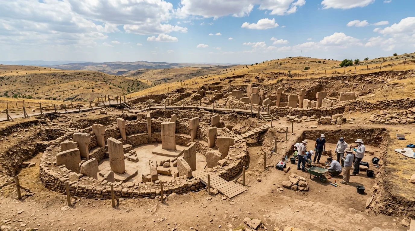 Ancient T-shaped megaliths at Göbekli Tepe under a vast sky.