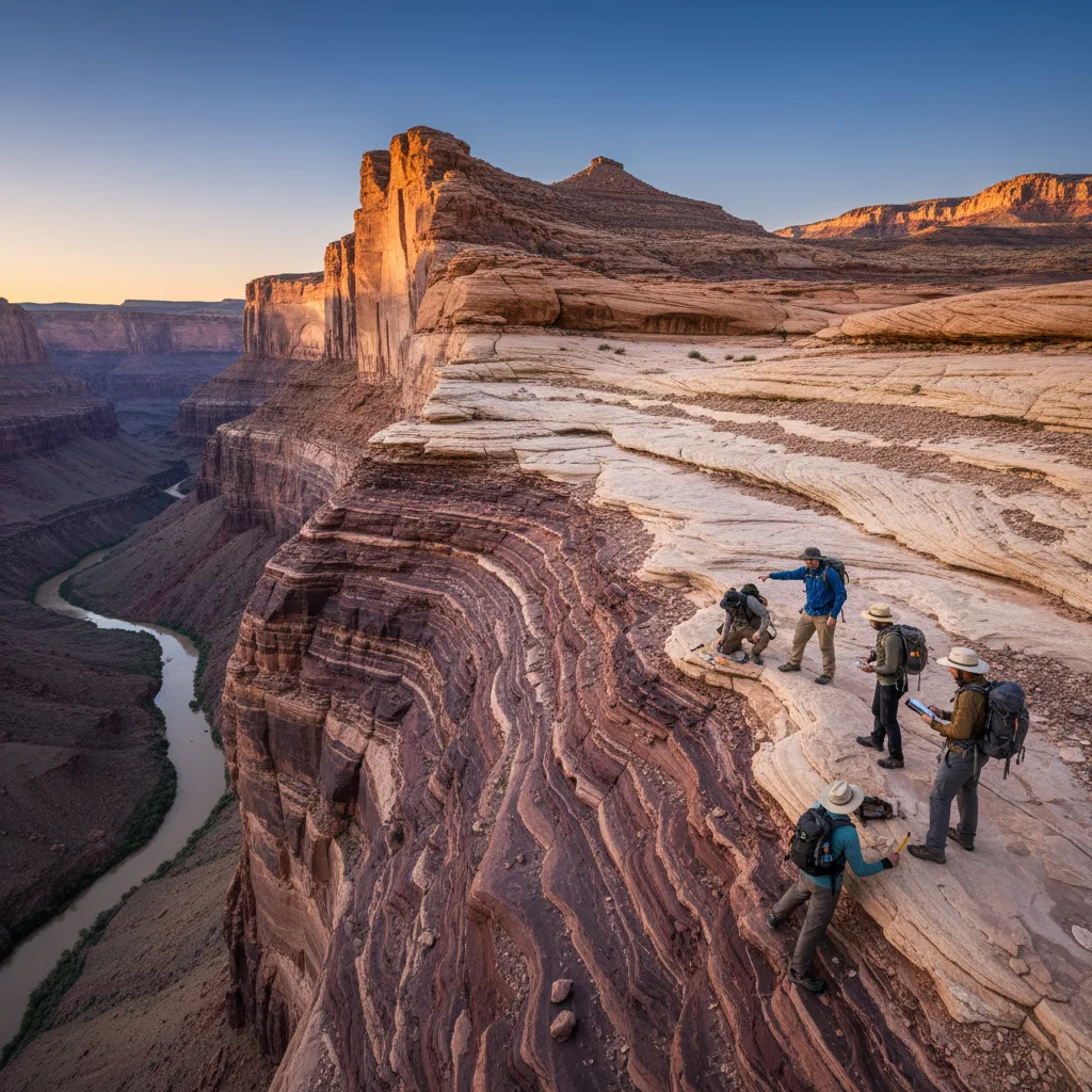 Geologi che esaminano una drammatica discordanza geologica in un canyon.