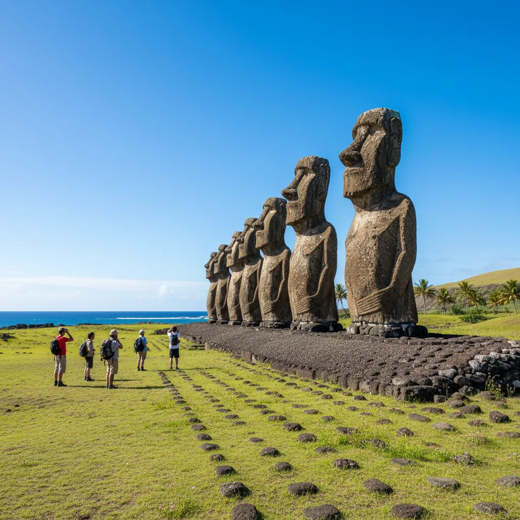 Statues Moai colossales regardant vers l'intérieur des terres sur l'île de Pâques.