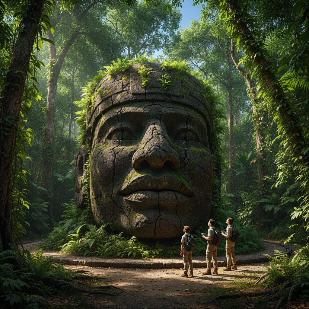 Ancienne tête colossale olmèque en basalte dans une clairière de jungle.