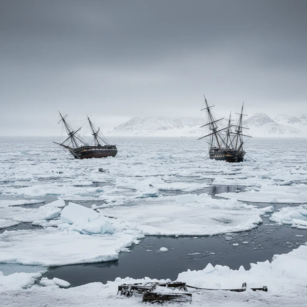 HMS Erebus and Terror trapped in Arctic ice during Franklin Expedition.
