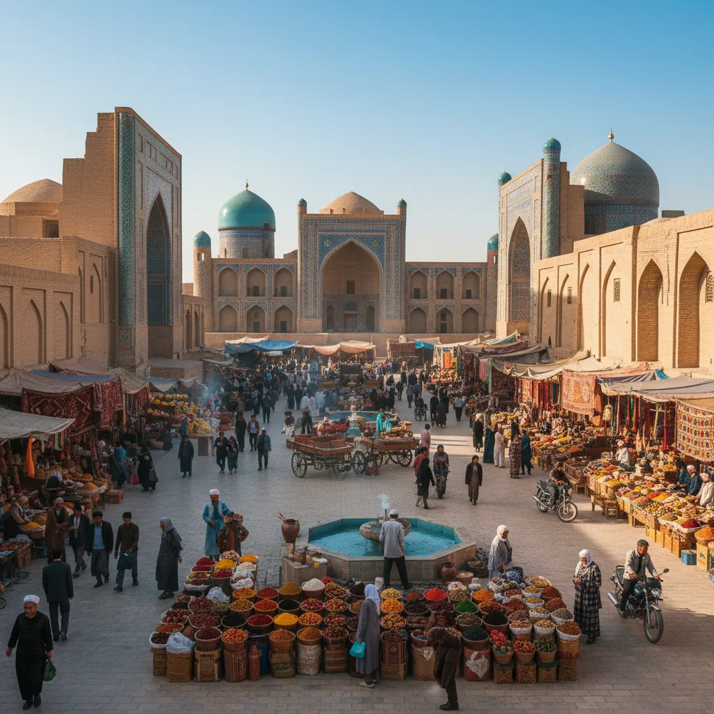 Modern-day bustling market along a historic Silk Road route.