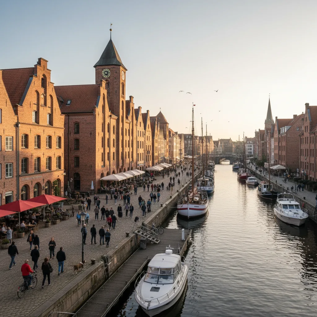 Historic Hanseatic League city harbor bustling with modern activity.