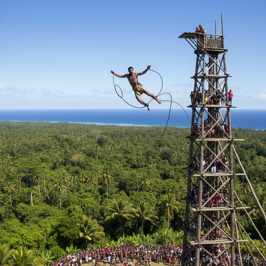 Man land diving from a tall wooden tower in Vanuatu.