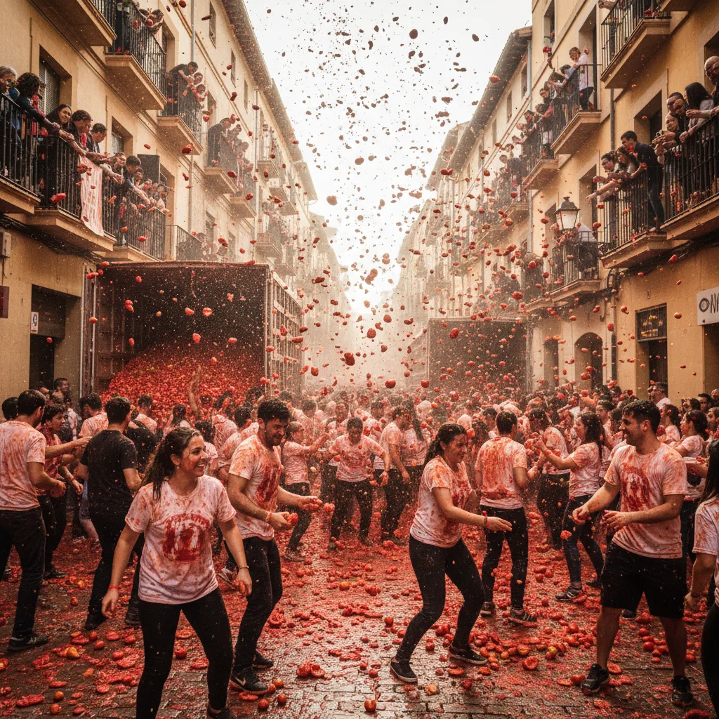 Thousands of people throwing tomatoes in Spain's La Tomatina festival.