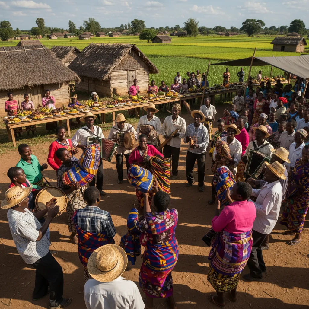Malagasy people dancing with rewrapped ancestral remains, Famadihana ceremony.