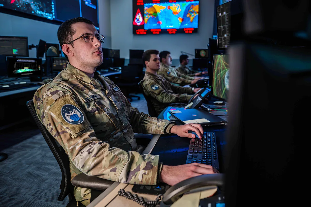 A modern military Space Operations Center serves as the nerve center for managing the US's vast netw