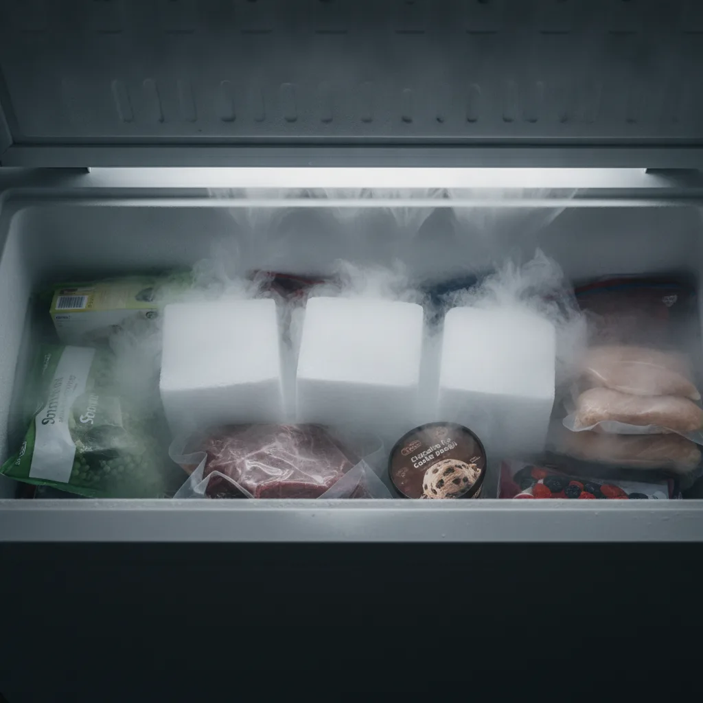 Dry ice, or frozen carbon dioxide, is a powerful refrigerant that can keep food cold for extended pe