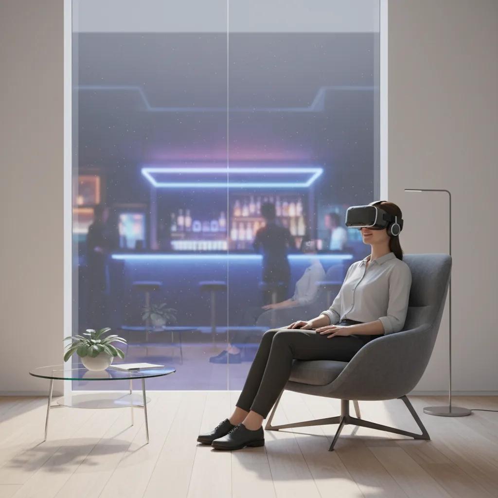 Patient in VR headset confronts virtual bar triggers in therapy.