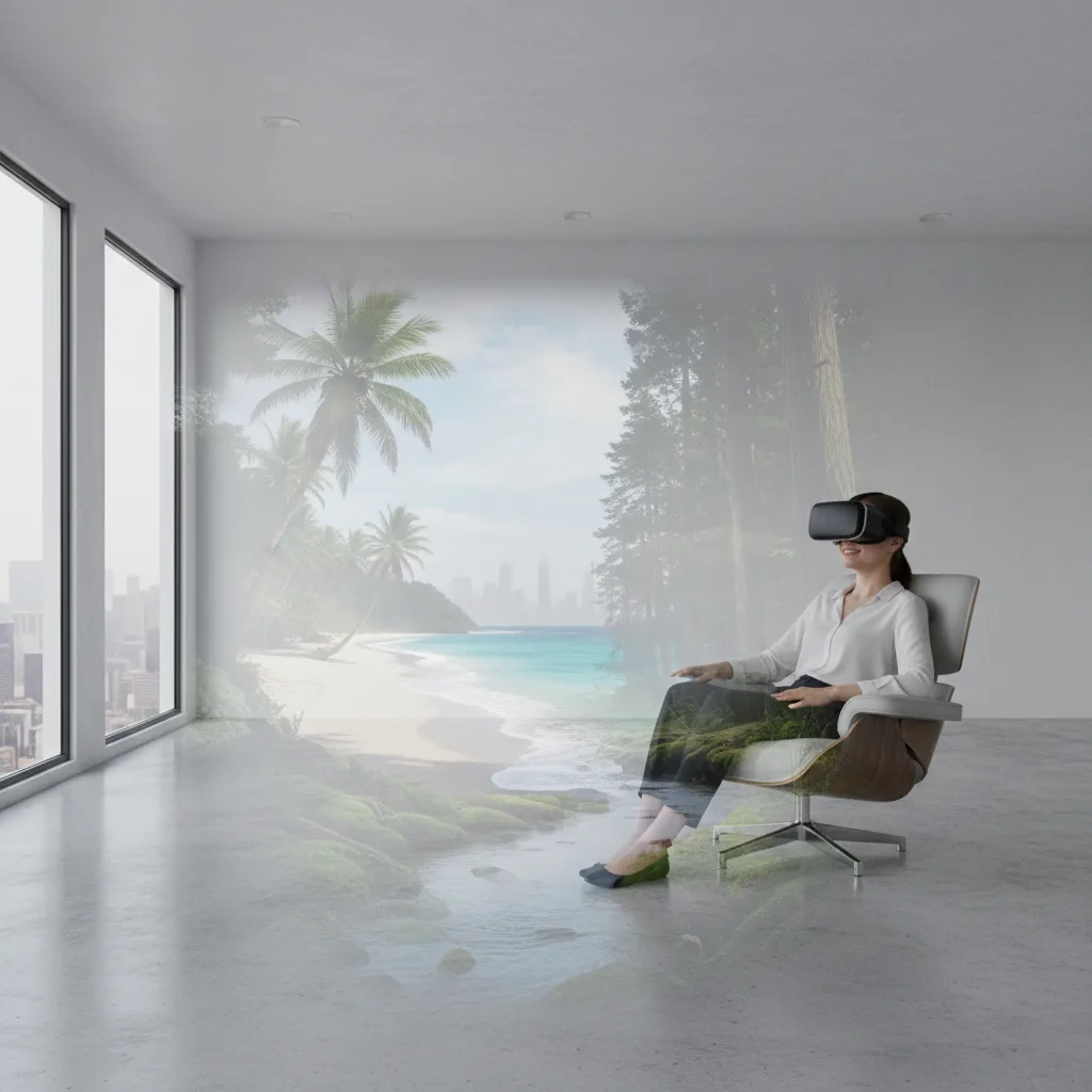 Patient experiences tranquil virtual reality landscape for mindfulness.